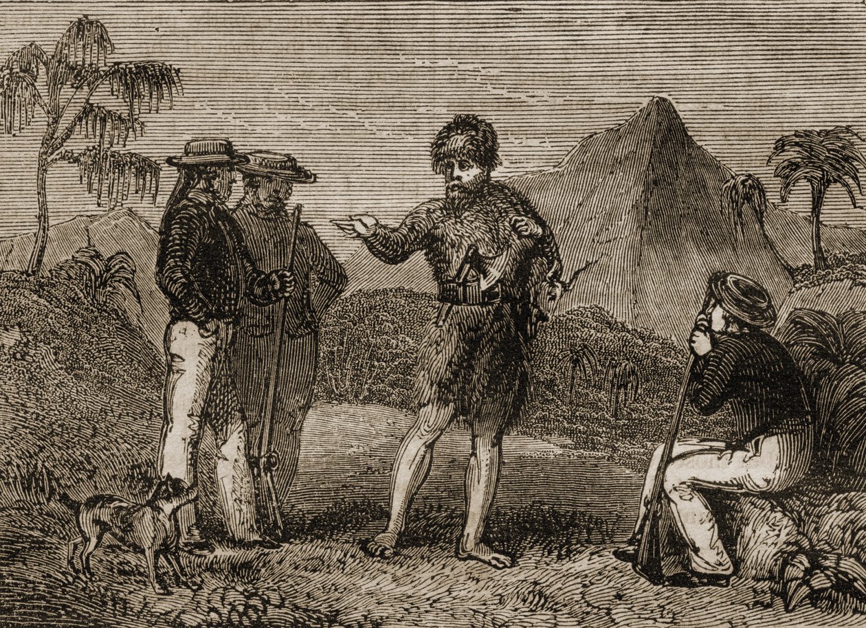 セルカークとイギリスの船員、「旅人の物語または世界の眺め」のイラスト1838年発行 作： 英語学校