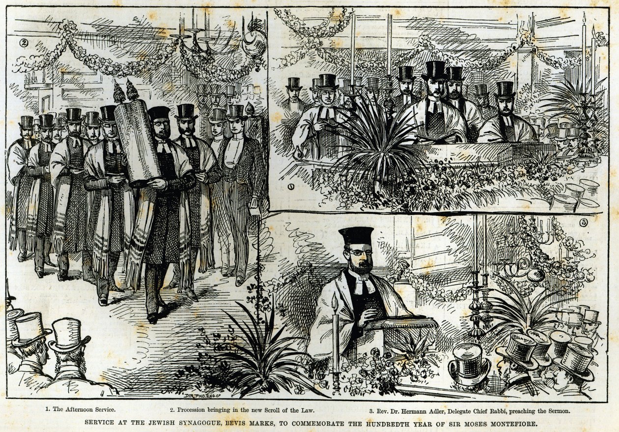 1884年11月の「The Illustrated London News」より、モーゼスモンテフィオーレ卿の100年を記念して、ユダヤ人のシナゴーグ、ベビスマークスで奉仕。 作： 英語学校