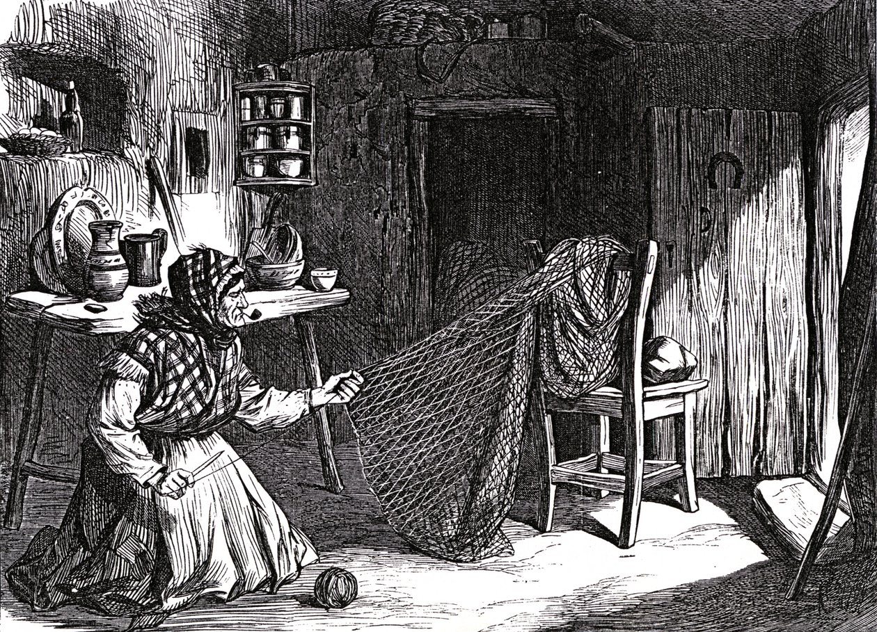 アイルランドからのスケッチ：ゴールウェイのクラダーでネットを作る女性、「The Illustrated London News」（1870年）のイラスト 作： 英語学校