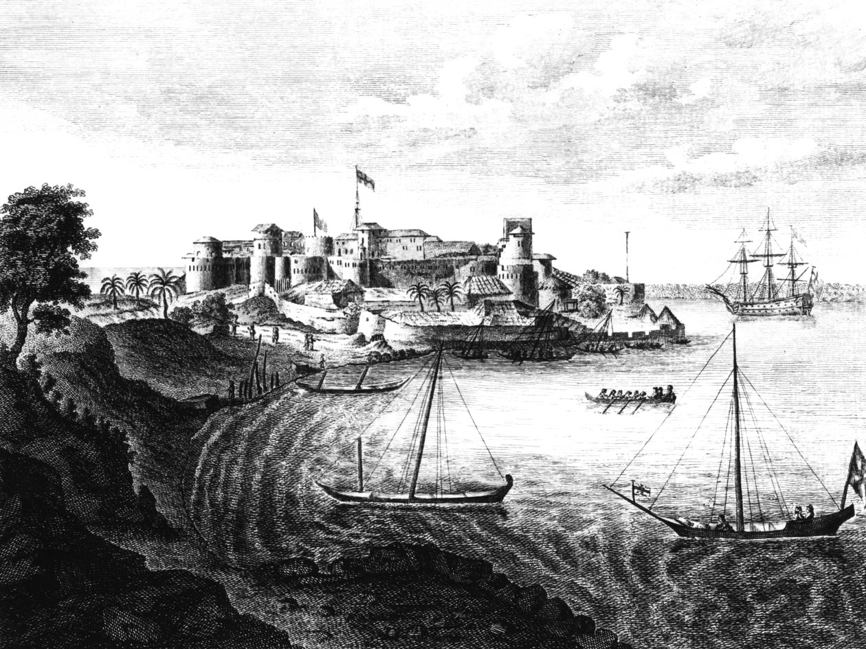 1773年に出版されたバージョン、エドワードアイブスによる「インドへの航海」からの着陸場所および入口であるジェリアフォートの南東ビュー 作： 英語学校