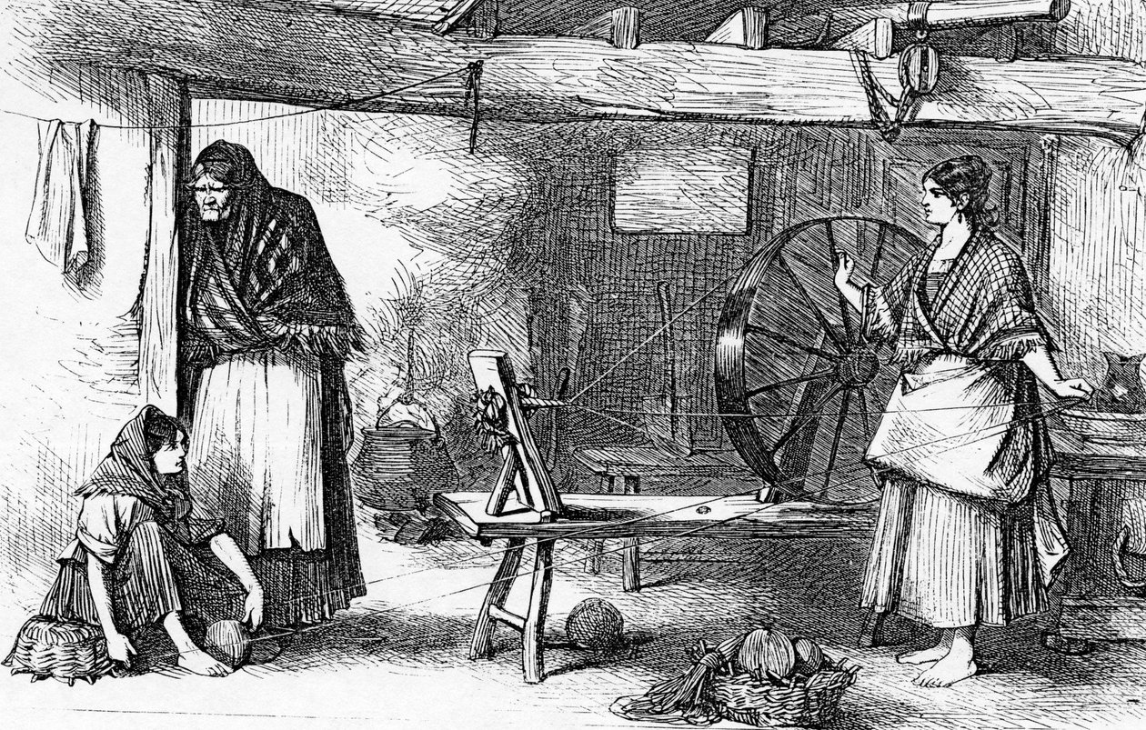 1870年7月16日、「The Illustrated London News」からのイラスト、ゴールウェイ、クラダの紡績ネットスレッド 作： 英語学校