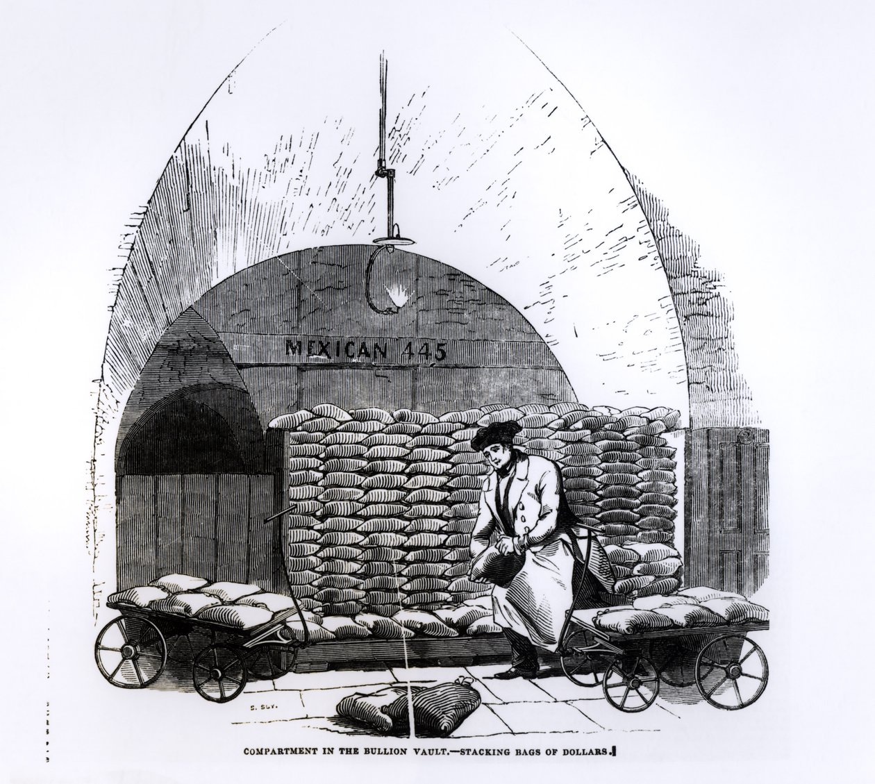 1845年3月8日に発行された「Illustrated London News」からの、金塊の金庫のコンパートメントにドルの袋を積み重ねる 作： 英語学校