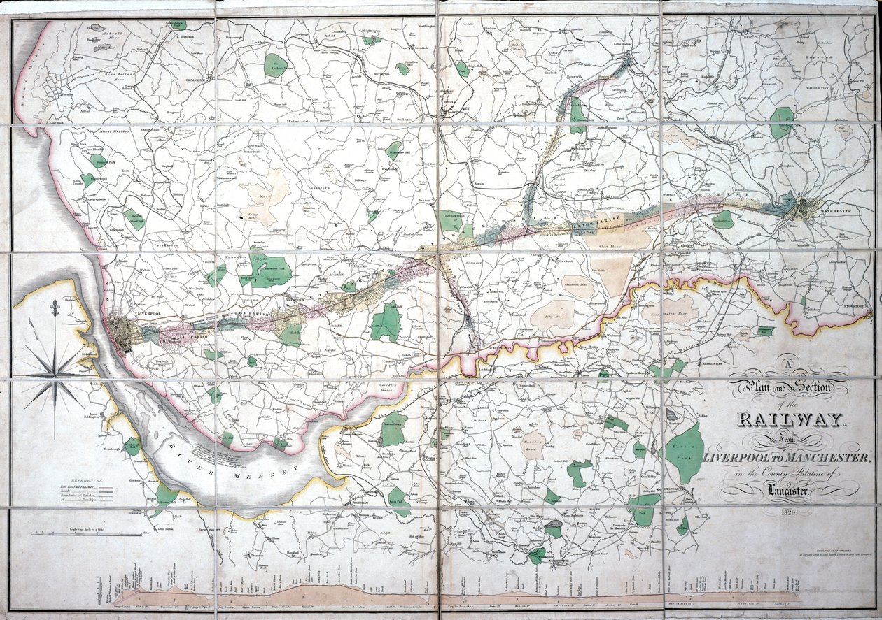 リバプール＆マンチェスター鉄道のスティーブンソンズの地図、c.1824-1830 作： 英語学校