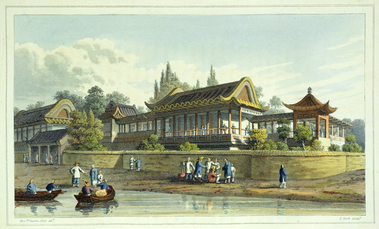 天皇の夏の宮殿、ティエンシン市の向かい、プレート2、J。クラーク、1817年（アクアチント）によって刻まれた中国への後期大使館紀要のジャーナル 作： 英語学校