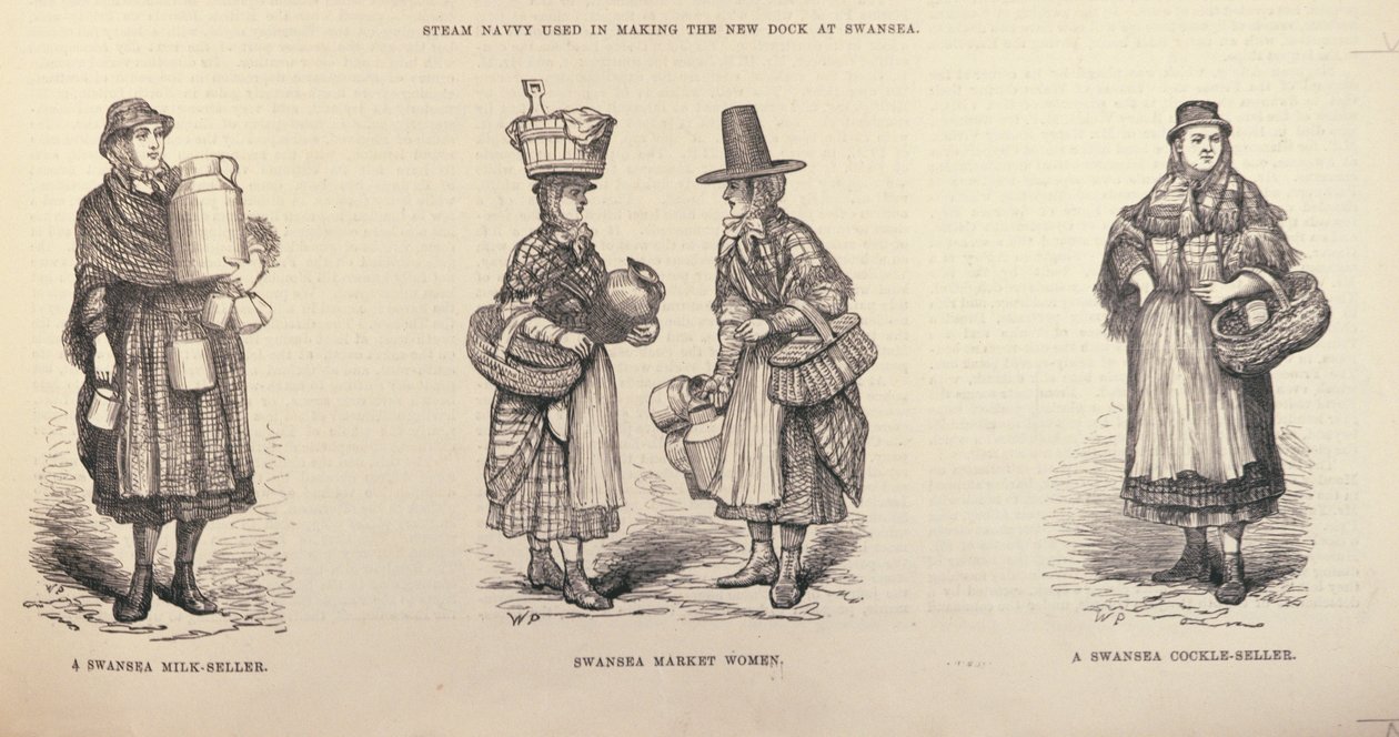 「The Illustrated London News」（1881年10月22日）のスウォンジーミルクセラー、スウォンジーマーケットウーマン、スウォンジーコックルセラー 作： 英語学校