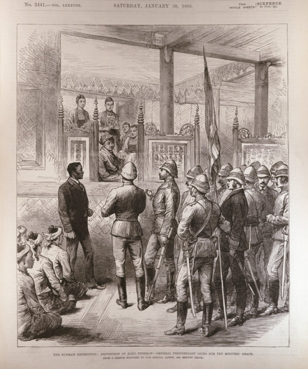 Theebaw王のバーマ沈着（1858-1916）：1886年1月30日、The Illustrated London Newsから、プレンダーガスト将軍が10分の猶予を彼に与える 作： 英語学校
