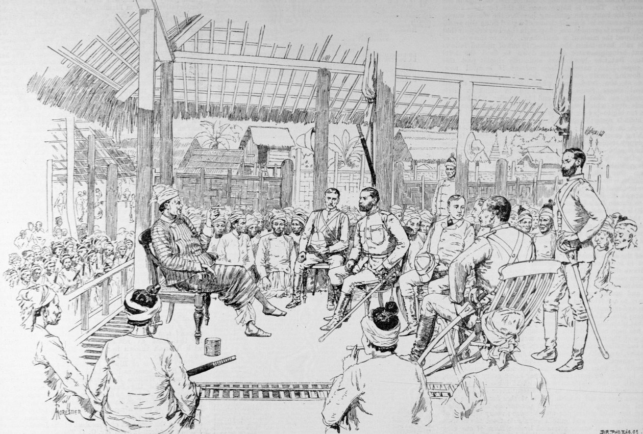 Burmah Expedition：General Prendergast Calling on the Woon of Burmah、from the Illustrated London News、1886年2月20日 作： 英語学校