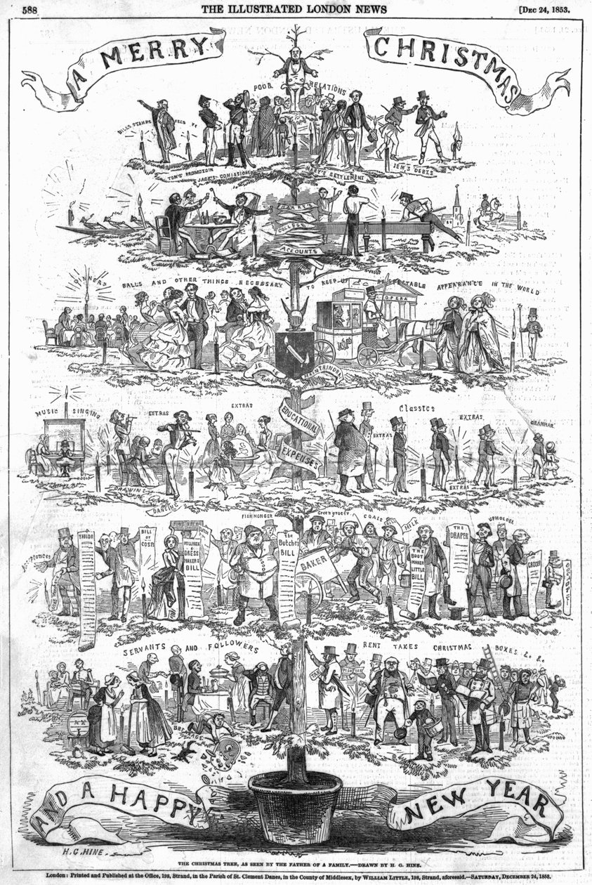 家族の父親が見たクリスマスツリー、1853年12月24日の「The Illustrated London News」のイラスト 作： 英語学校