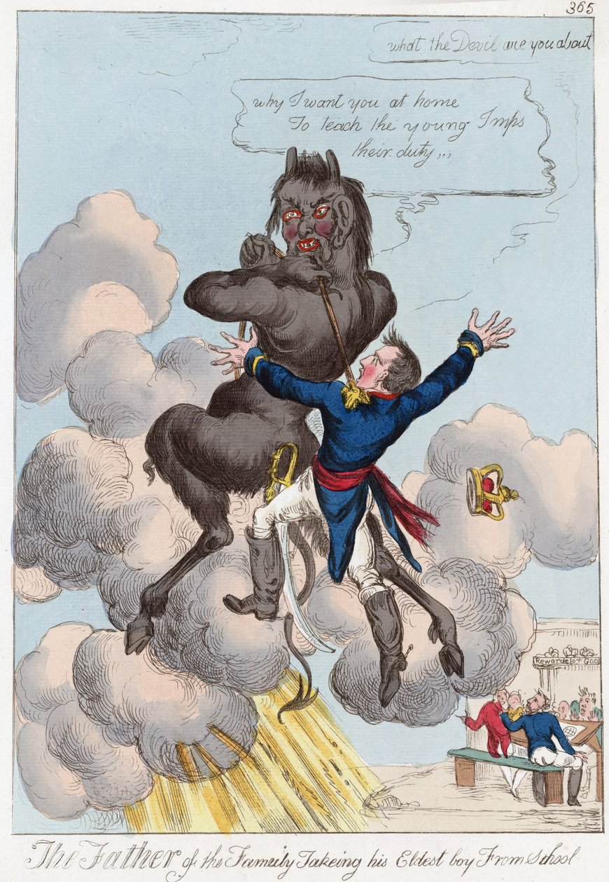 パブの学校から彼の長男を連れて行く家族の父。 1814（手塗りの彫刻） 作： 英語学校