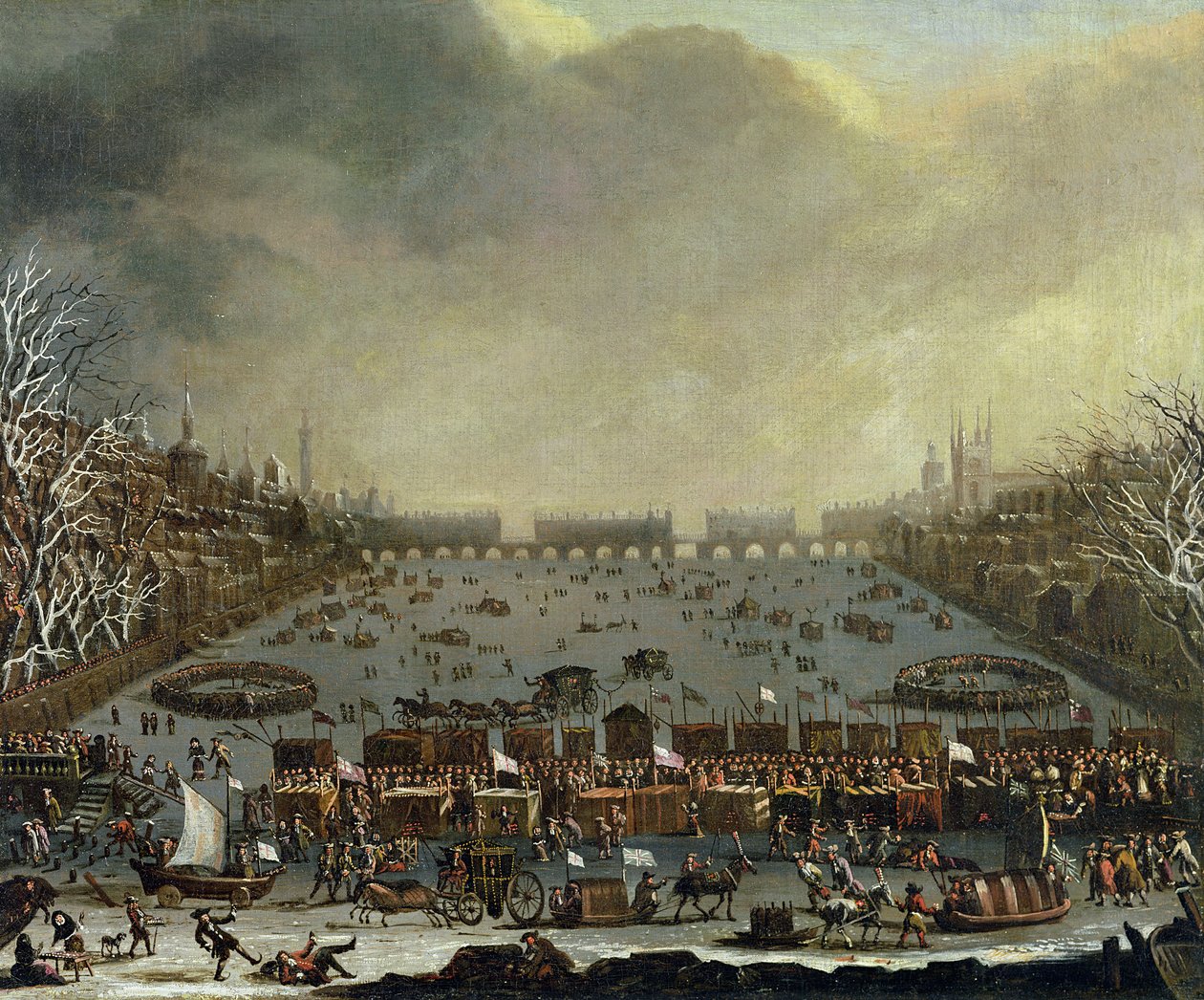 テムズ川沿いの1683-4年冬のフロストフェア、オールドロンドンブリッジが遠くにあります。 1685年頃 作： 英語学校