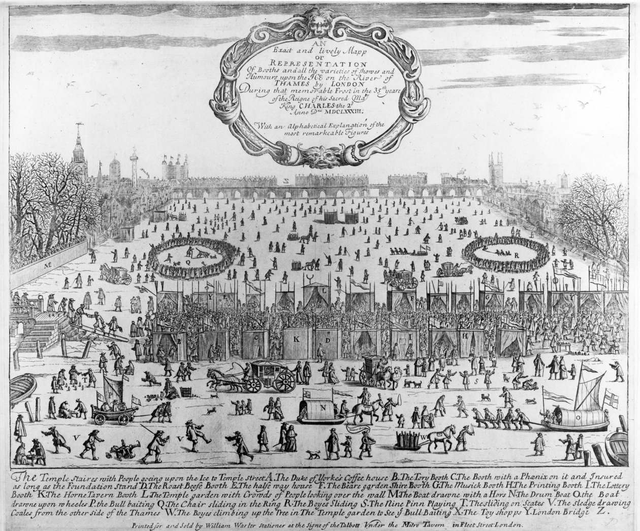 テムズ川沿いの1683〜84年の冬のフロストフェア。オールドロンドンブリッジが遠くにあります。 c.1684 作： 英語学校