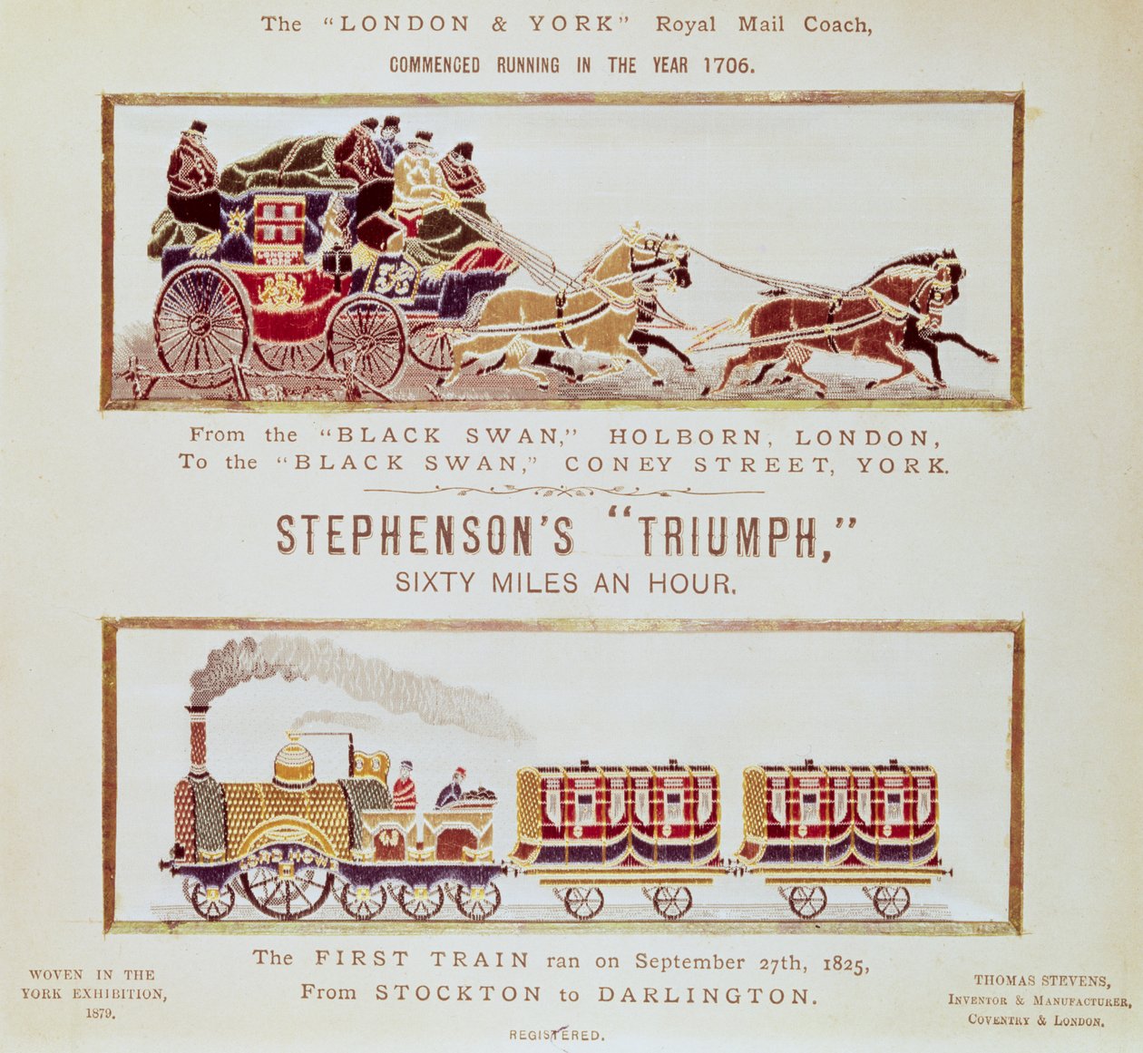 1879年のヨーク展（スティーブングラフ）のために編まれた「ロンドンとヨーク」のロイヤルメールコーチとスティーブンソンの「Triumph」（5300も参照） 作： 英語学校