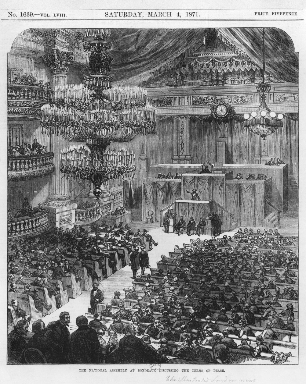 1871年3月4日、平和の条件について議論するボルドーの国民議会（bwの彫刻） 作： 英語学校