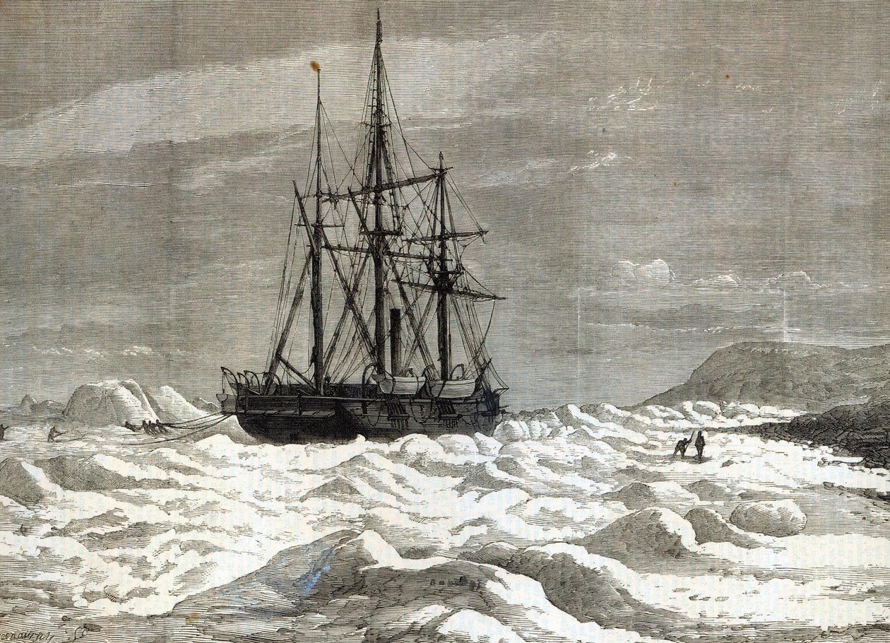 北極探検隊：「イラストレイテッドロンドンニュース」（1876年）から、ビーチビーチ岬の海岸に向かって氷に挟まれた警告 作： 英語学校