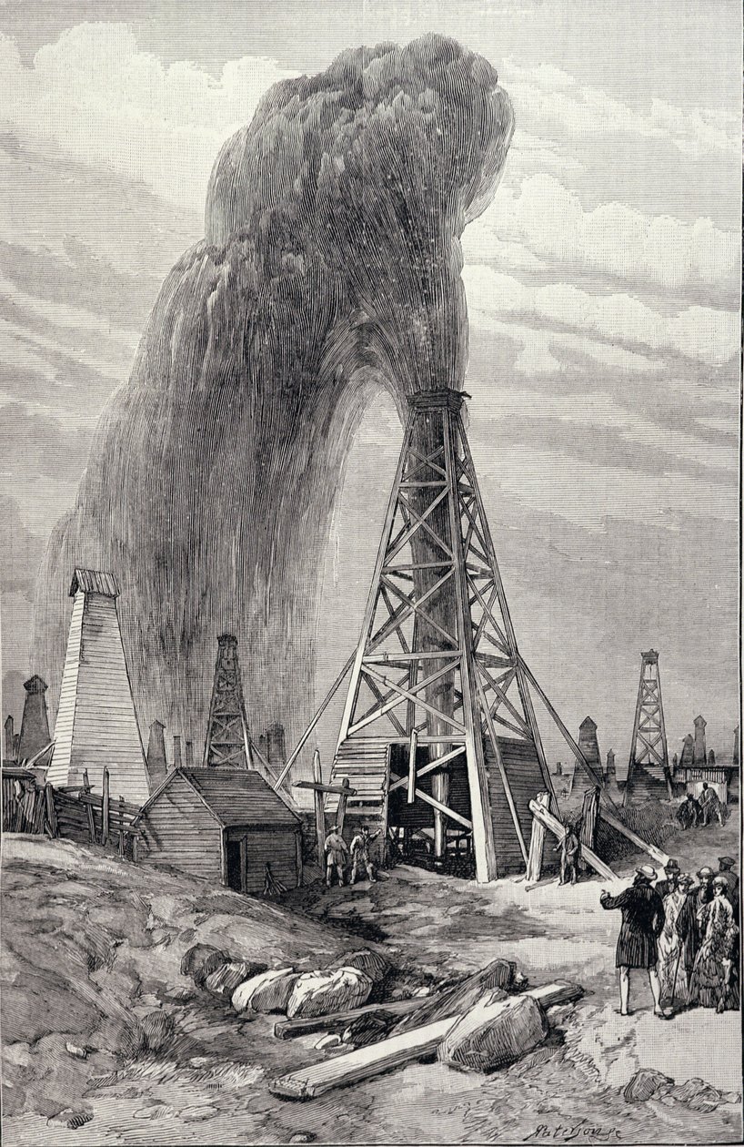 1886年12月6日、「The Illustrated London News」のカスピ海のバクーにある石油油井：石油の噴水 作： 英語学校