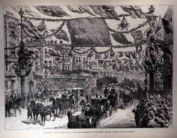 クイーンズがイーストロンドンを訪問：1887年5月21日のイラスト入りロンドンニュースによる、街の境界を通り過ぎる、アルドゲートのハイストリートの王室行列 作： 英語学校
