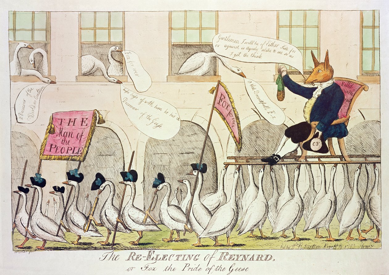 レイナードの再選、またはガチョウの誇りであるフォックス、1783年（手描きの彫刻） 作： 英語学校