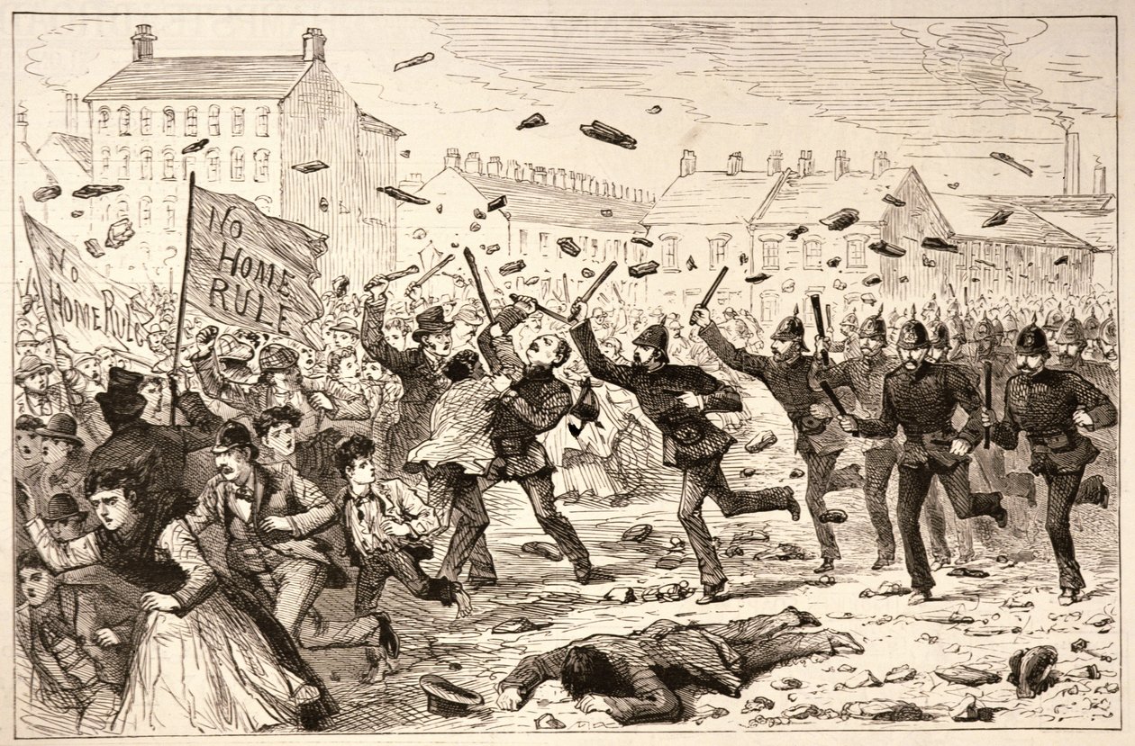 ベルファストの暴動：ブリックフィールズで暴徒を襲う警察、「イラストレイテッドロンドンニュース」、1886年6月19日より 作： 英語学校