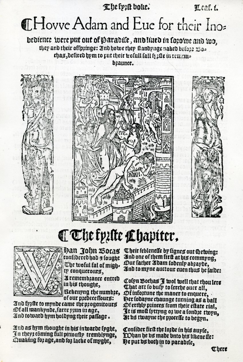 1527年に発行されたボッカッチョの「De Casibus Virorum Illustrium」英語版のアダムとイブの物語 作： 英語学校