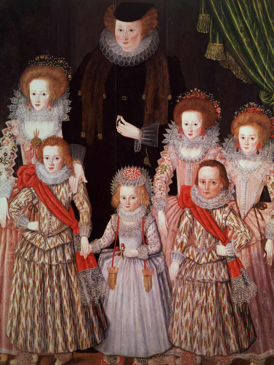 Tasburgh Group：Lettice Cressy、レディー・タスバーグ・オブ・ボドニー、ノーフォークとその子供たち、c.1605（パネル） 作： 英語学校