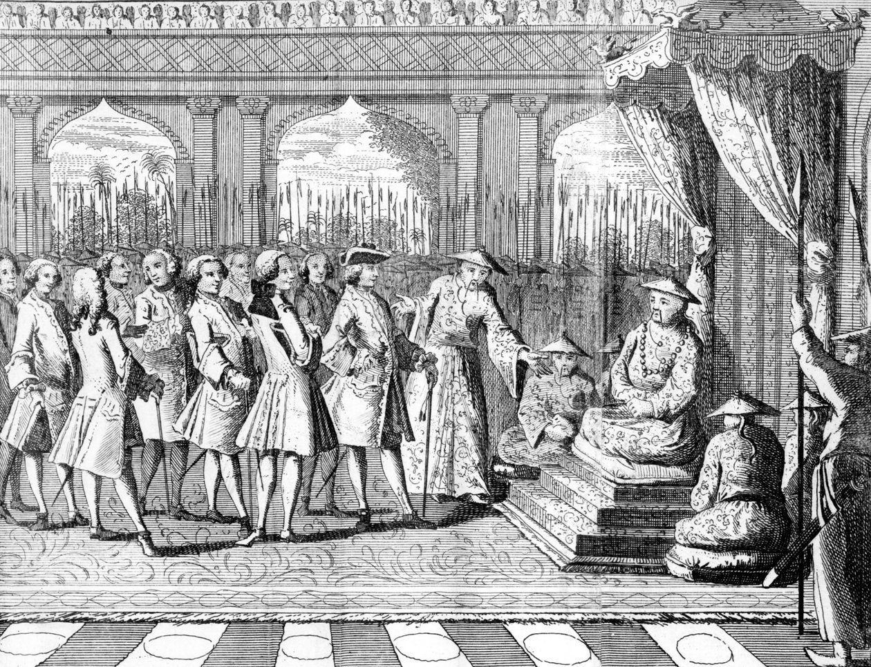 「1740年から1744年のジョージアンソンの世界一周航海」からアンソン提督に聴衆を与えるカントン総督 作： 英語学校