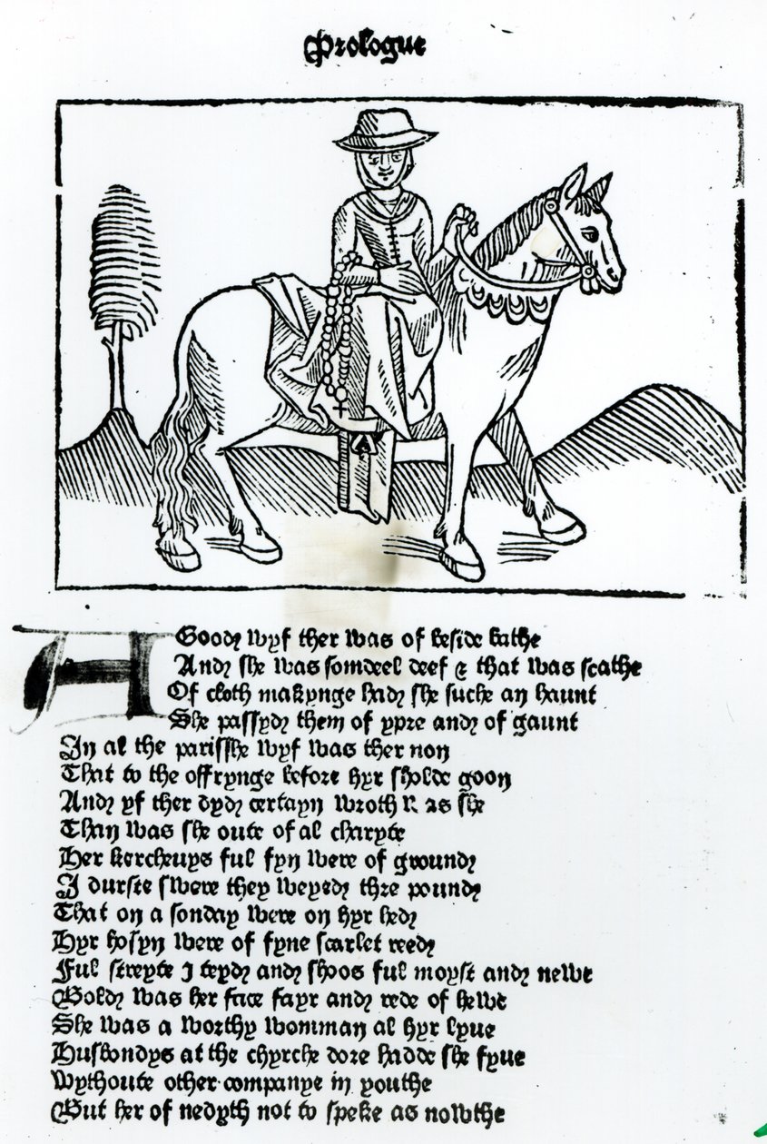 バースの妻、ジェフリーチョーサーの作品（c.1345-1400）「Canterbury Tales」、William Caxton（c.1422-91）のイラスト 作： 英語学校