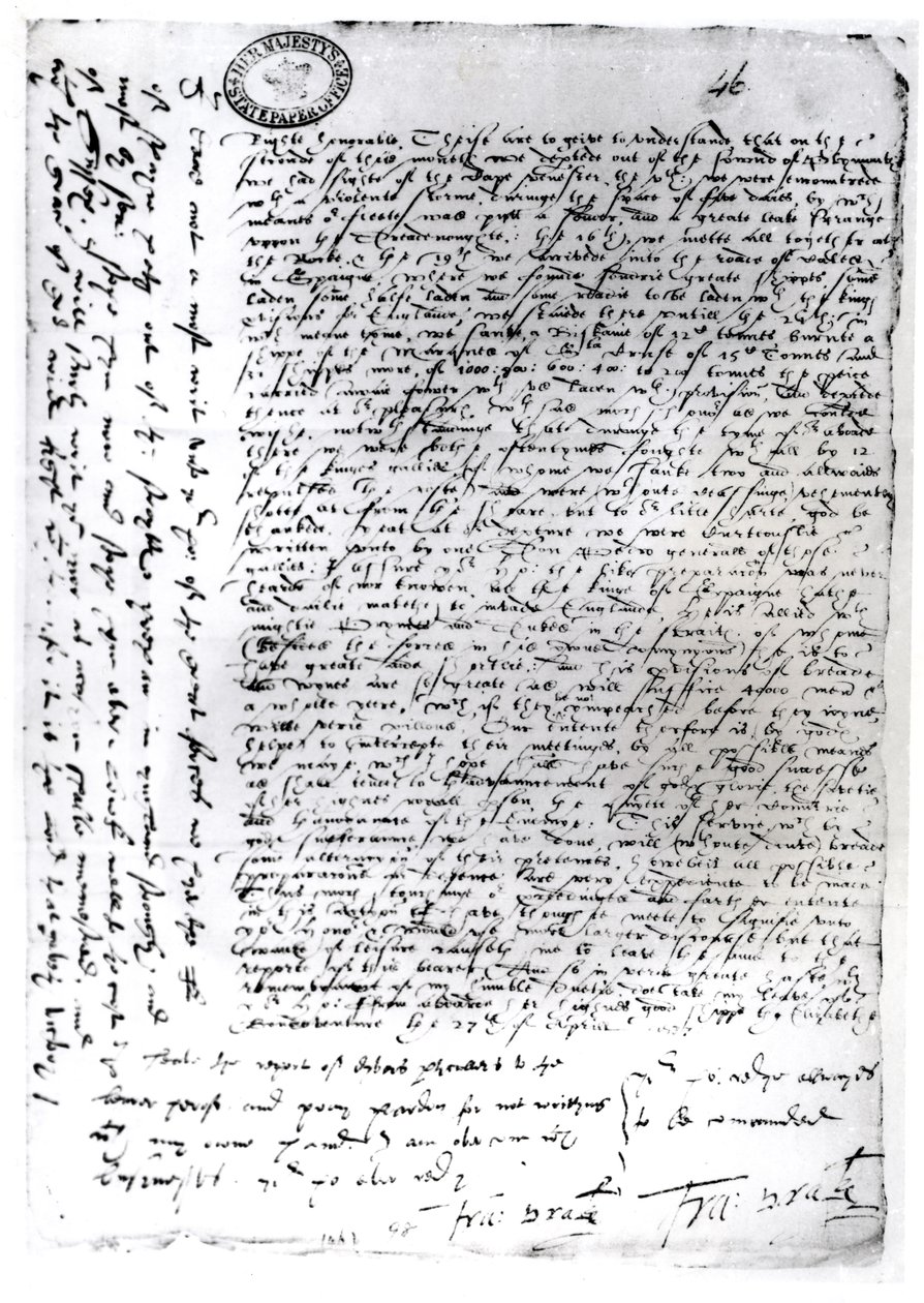 1587年にカディスから発行されたサーフランシスドレイク（c.1540-96）の発送（紙にペンとインク） 作： 英語学校