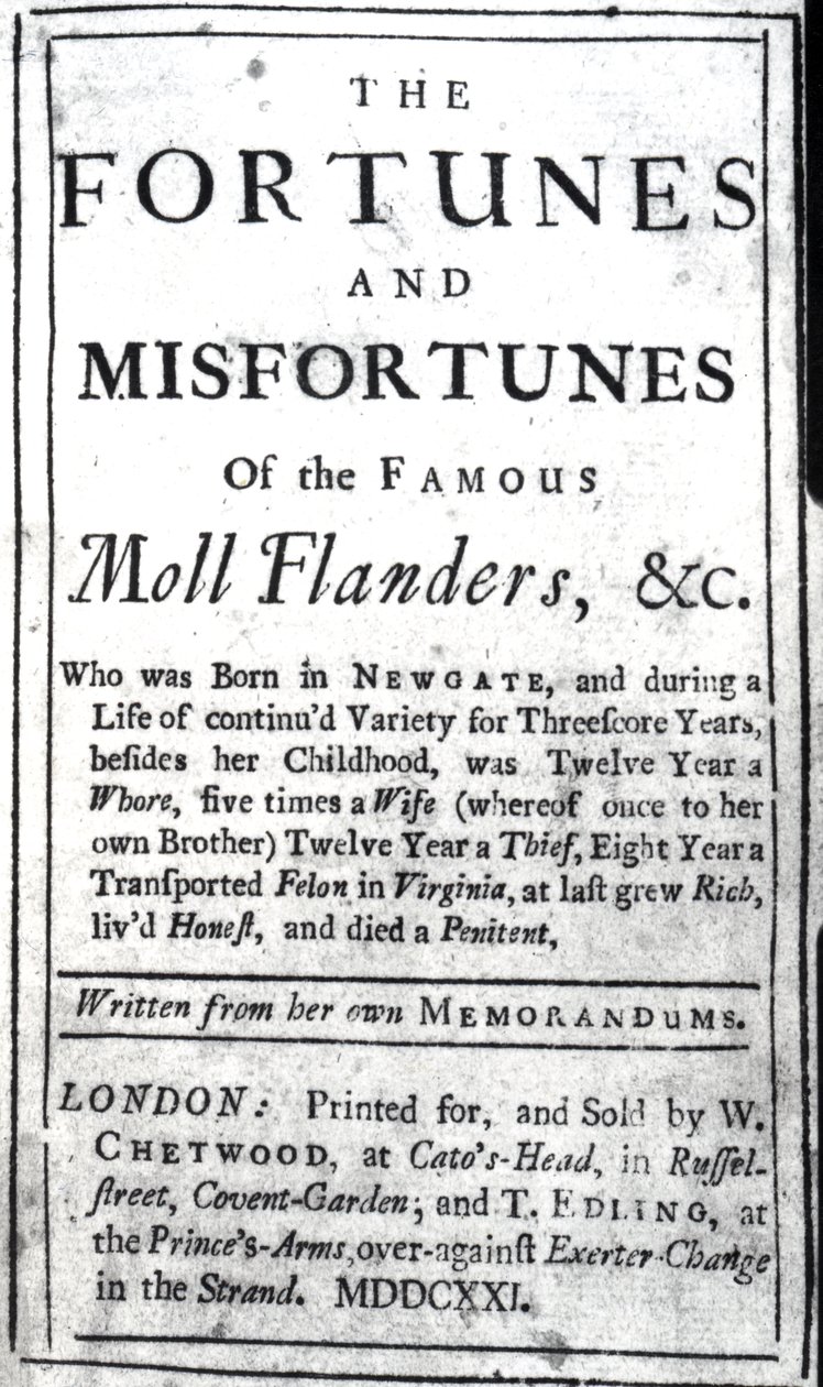 Daniel Defoeによる「Moll Flanders」のタイトルページ、1722年発行（印刷物） 作： 英語学校