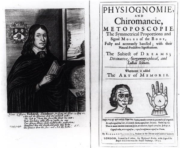 1653年に出版された、リチャードサンダースによる 『Physiognomie and Chiromancie：The Art of Memory』のタイトルページ（著者のポートレート付き） 作： 英語学校