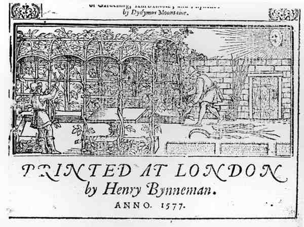 Dydymus Mountaine、pubによるガーデニングの本のタイトルページ。 1577年に 作： 英語学校