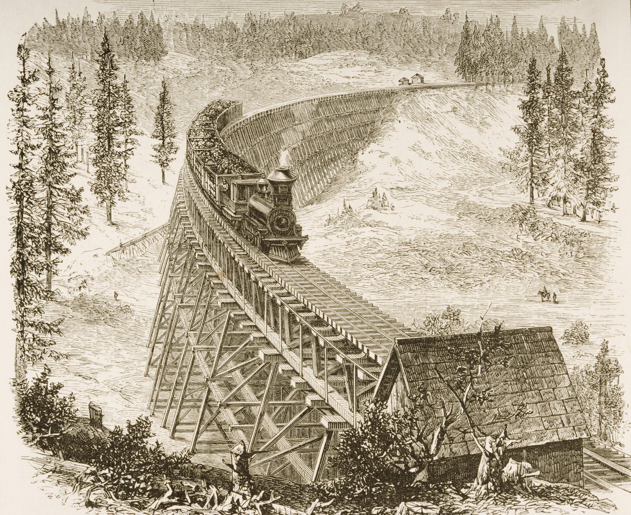 太平洋鉄道の架台橋、シエラネバダ、1870年、「アメリカンピクチャーズ」より 作： 英語学校