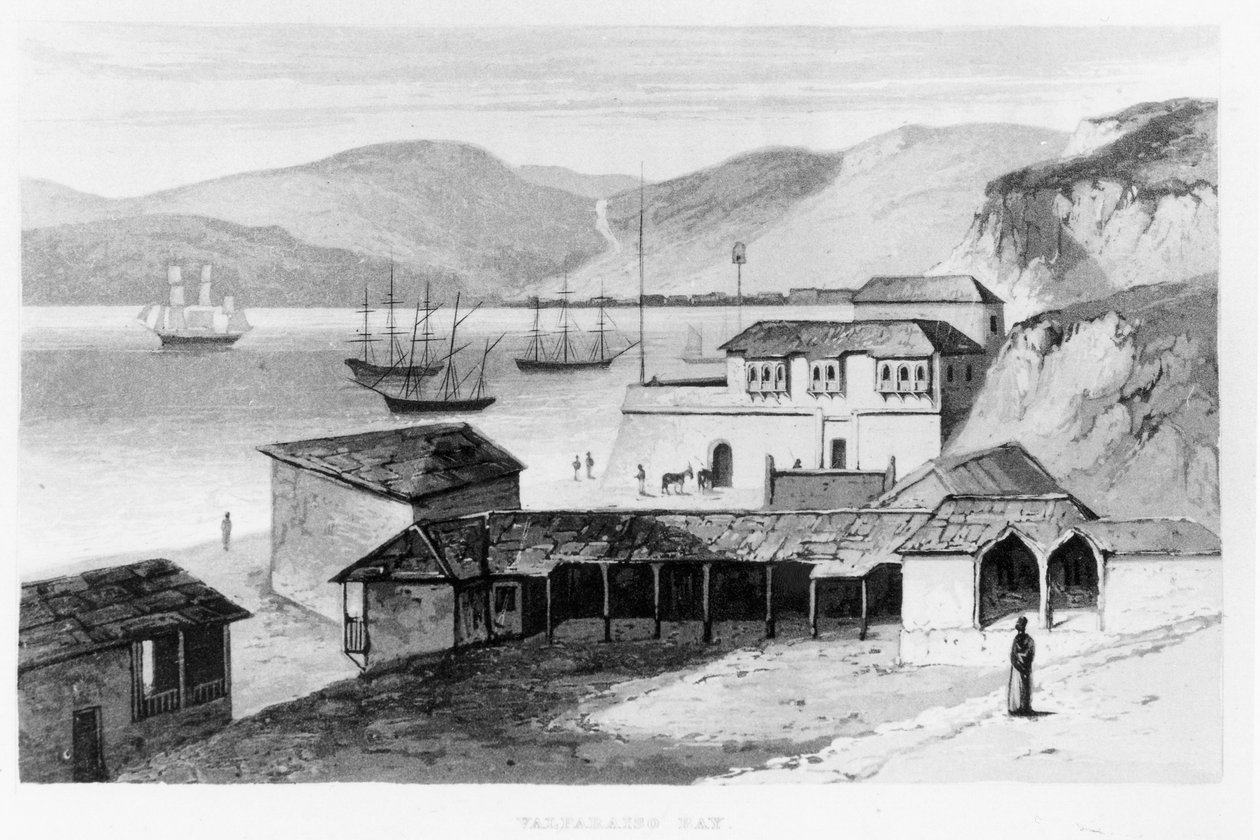 1820年にバルパライソ湾、1825年に出版されたAlexander Caldcleughによる「南米の旅」から 作： 英語学校