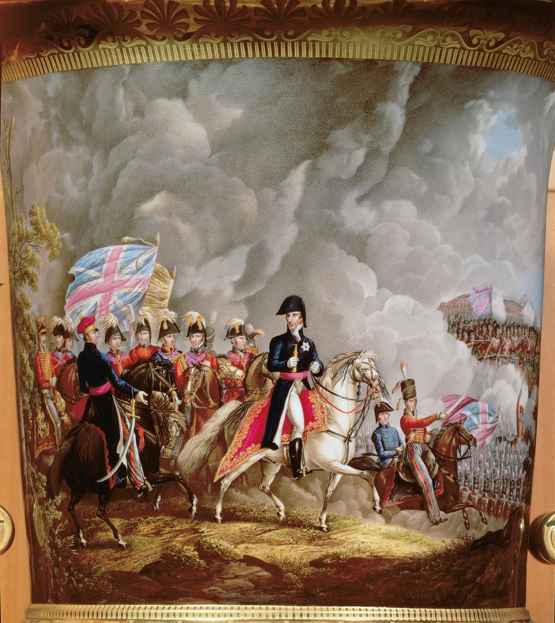 1815年のウォータールーの戦いでのウェリントンとその将校たちの描写を含む花瓶（セラミック） 作： 英語学校