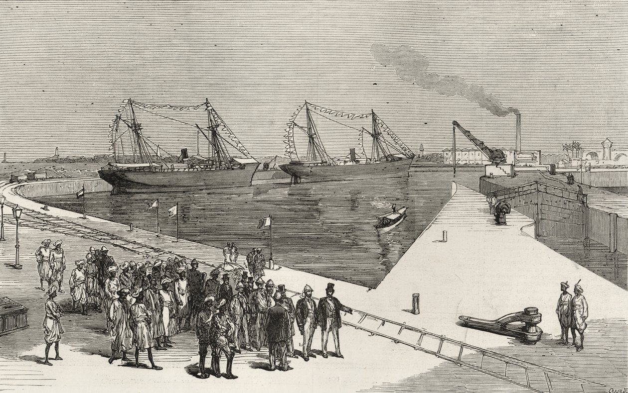 1875年12月25日の「The Illustrated London News」からボンベイのサスーンドックへのインドの総督の訪問 作： 英語学校