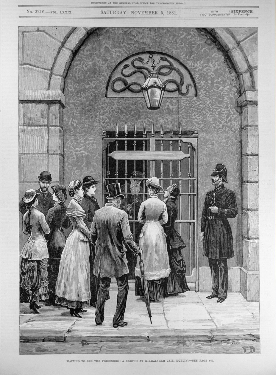 囚人に会うのを待っている; 1881年5月11日の「The Illustrated London News」より、ダブリンのキルメイナム刑務所でのスケッチ 作： 英語学校