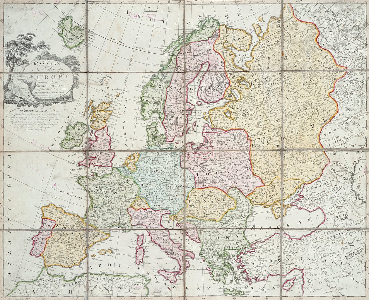 ウォリスのヨーロッパの新しい地図、帝国の王国に分けられた1789年（手描きの彫刻） 作： 英語学校