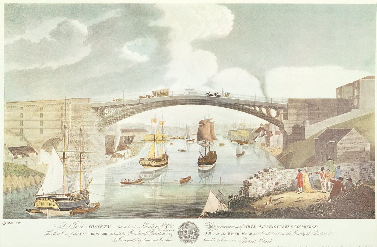 Rowland Burdon Esq。、MPがサンダーランドのウェア川に架かる鋳鉄橋の西側の景色、1796年頃（手描きの彫刻） 作： 英語学校