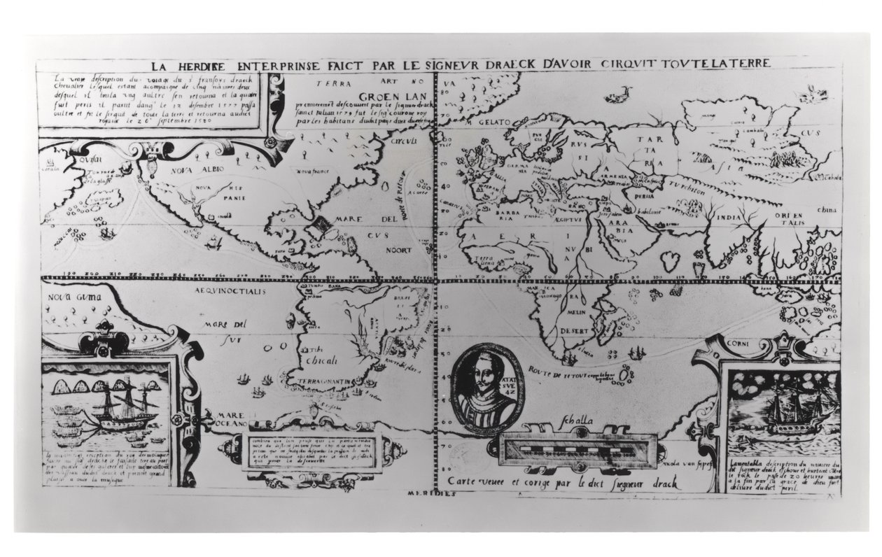 サーフランシスドレイクの遠征と全周航路を詳述した世界地図（c.1540-96）1577-2580 作： 英語学校