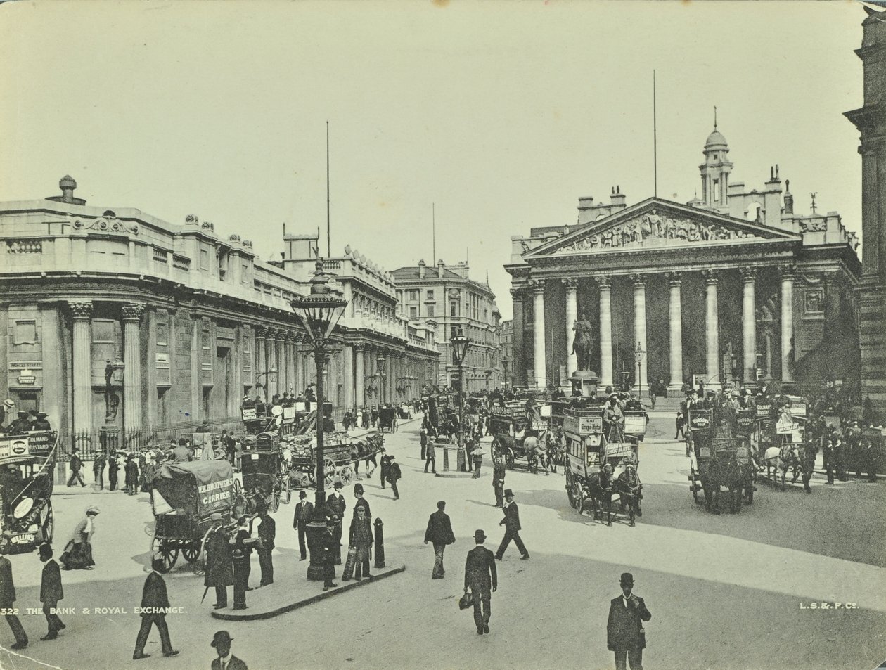 イングランド銀行と王立証券取引所、スレッドニードルストリート、ロンドン市、1890 作： 英語の写真家