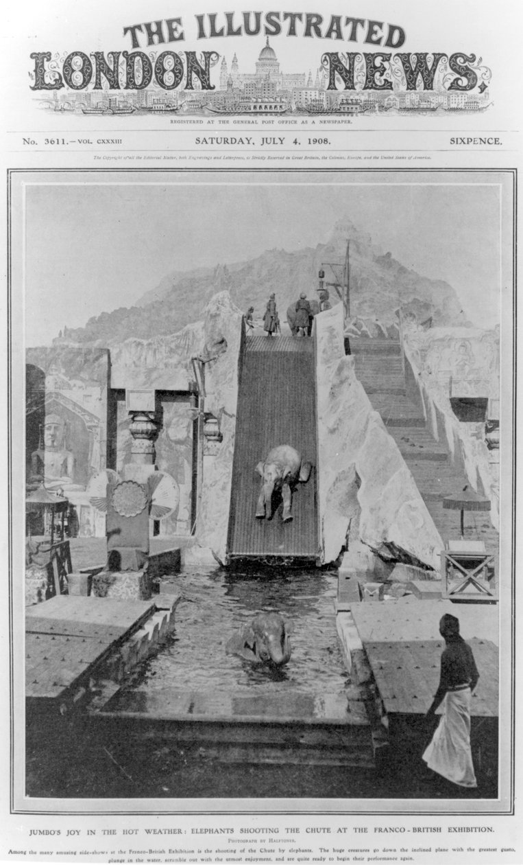 1908年7月4日、「The Illustrated London News」の表紙、ジャンボの暑い中の喜び 作： 英語の写真家