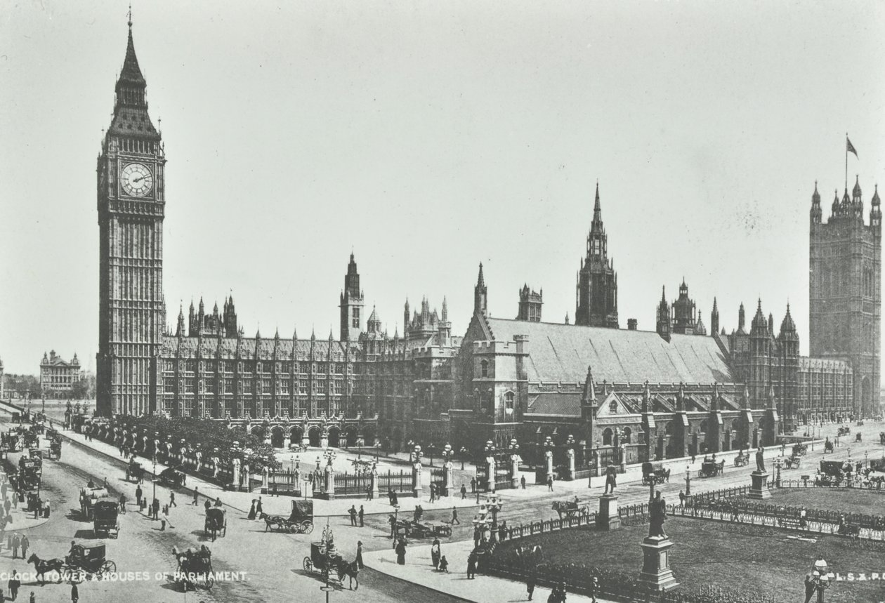国会議事堂、ウェストミンスターLB：1895年にビッグベンと国会議事堂を東に見て 作： 英語の写真家