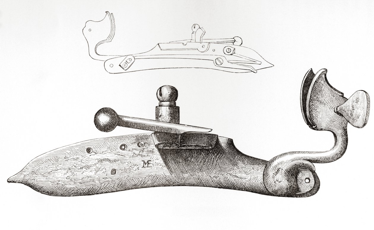 17世紀の火縄銃。 The British Army: Its Origins, Progress and Equipment、1868 年発行のハンドヘルド銃器を発射するために使用されるメカニズムまたはロック。 作： 英語学校