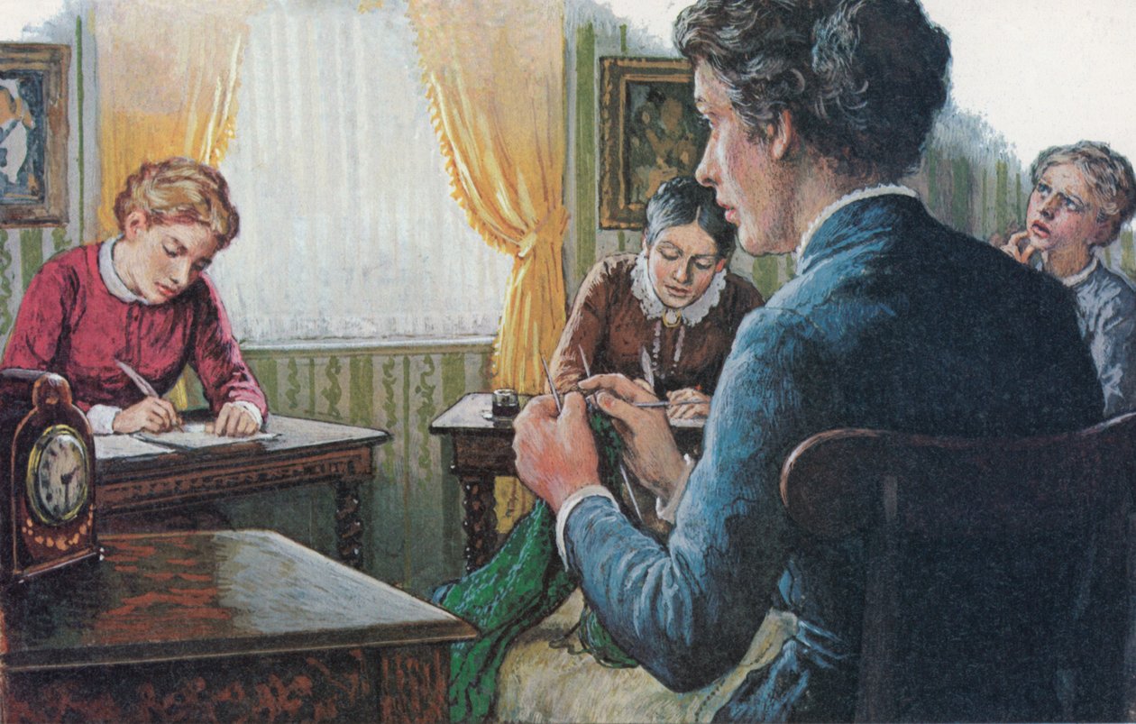 1873年、新設されたガートン・カレッジの3人の学生が最終学位試験を受ける（カラーリトグラフ） 作： 英語学校