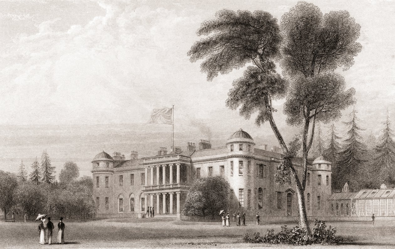 1800-luvun näkymä Goodwood Housesta, Länsi-Sussexista, Etelä-Englannista. Churtonin muotokuva- ja maisemagalleriasta, julkaistu 1836. 作： 英語学校