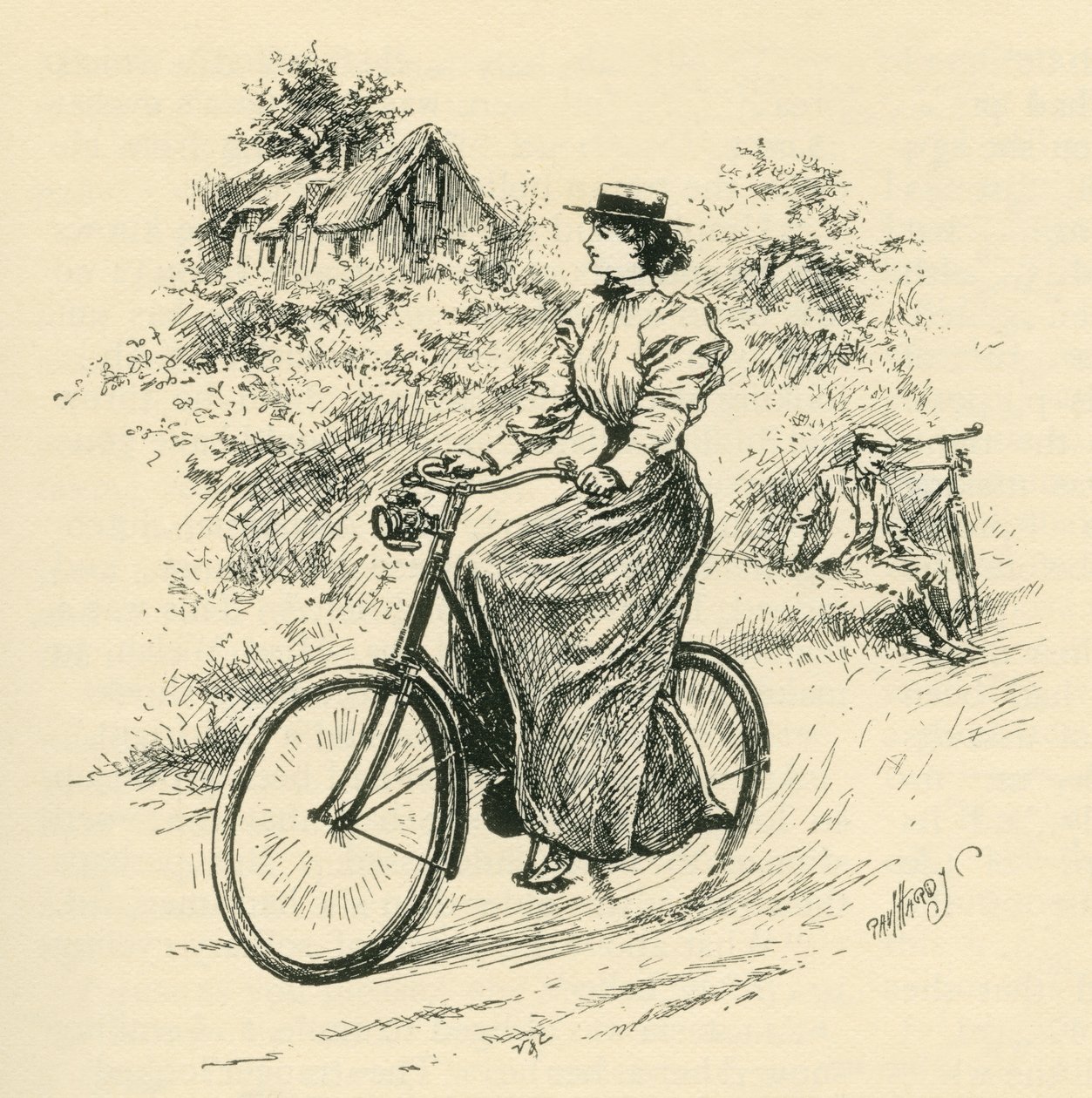 19世紀の女性サイクリスト。1897年発行の「The Strand Magazine」より。 作： 英語学校