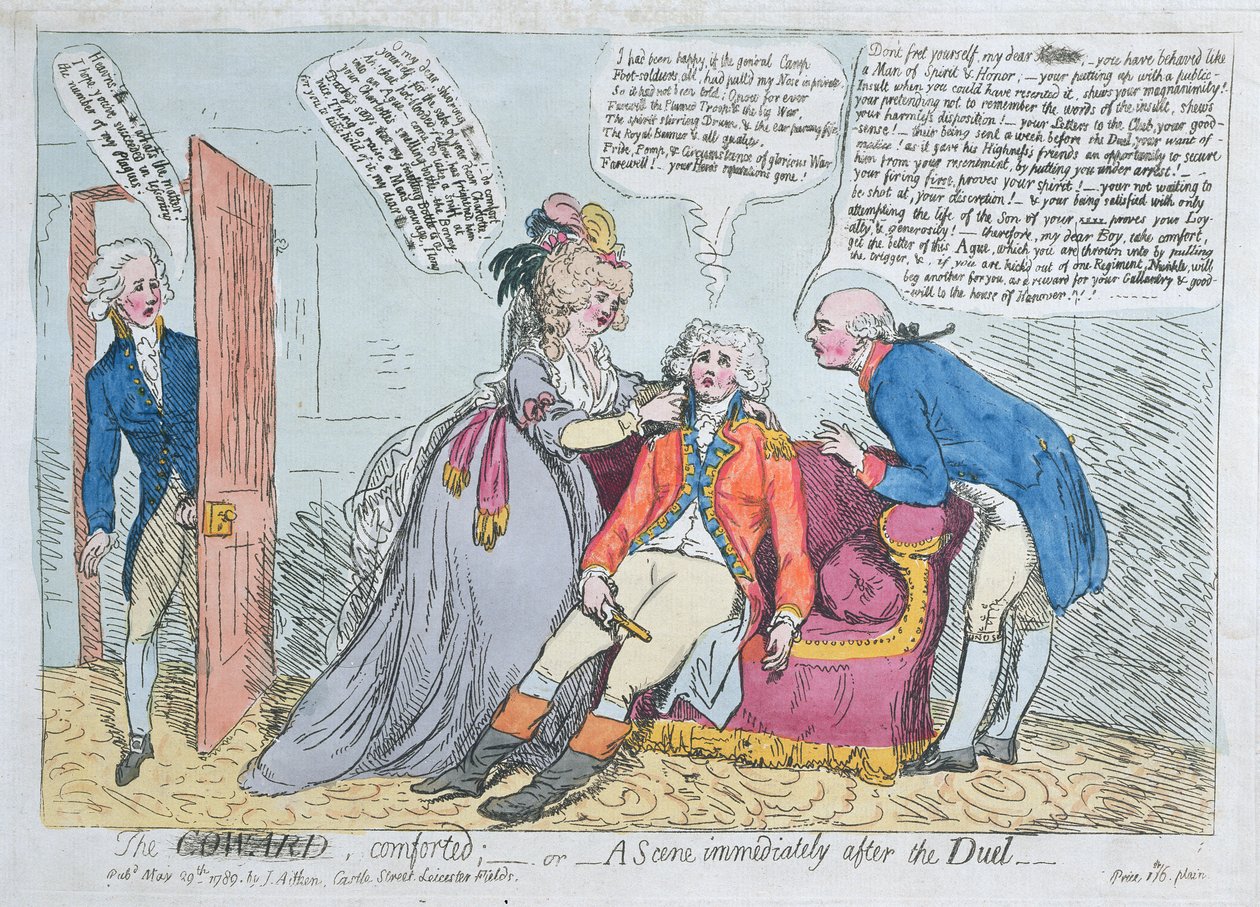1789年にJ. Aitkenによって公開された、臆病者の慰め、または決闘の直後のシーン（手描きのエッチング） 作： 英語学校