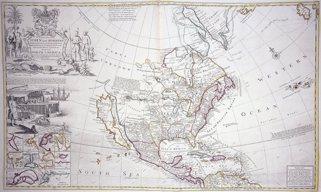 北米の見開き地図、c.1708-20 作： 英語学校