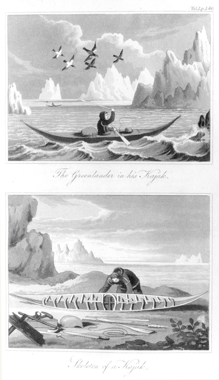 グリーンランド人と彼のカヤック、デイビッドクランツ作のグリーンランドの歴史、1820年 作： 英語学校