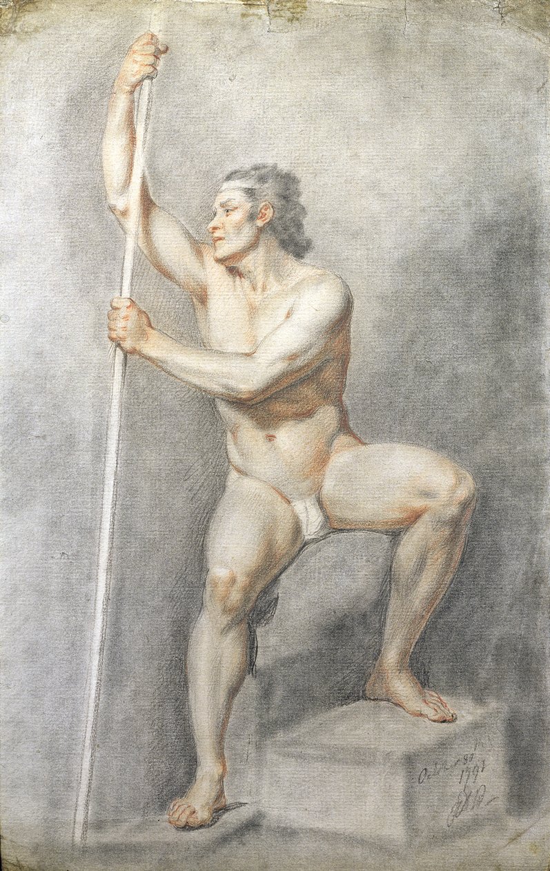 スタッフを抱える男性のヌード、1770年頃（紙に色チョーク） 作： 英語学校