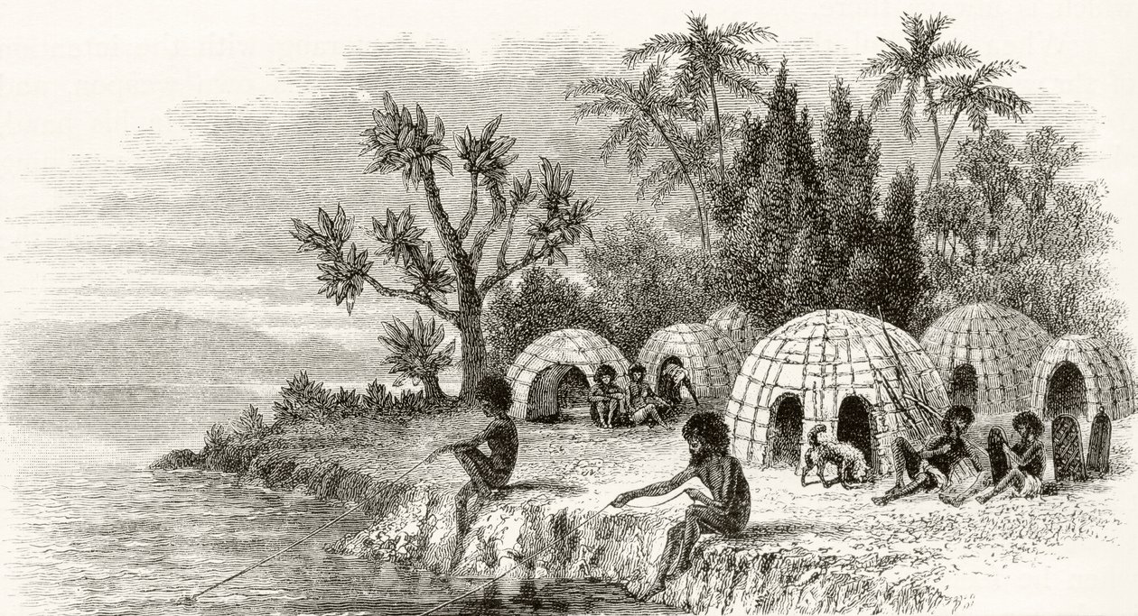 クイーンズランド州のネイティブの野営地、1880年、ハワードウィロビー著「オーストラリアの写真」より。宗教団体、ロンドン、1886年発行 作： 英語学校